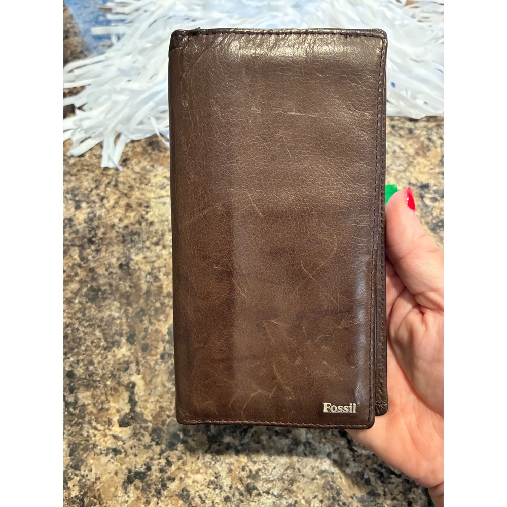 Fossil Mens Brown Leather Executive Checkbook Bifold Wallet ID Window Pen Loop